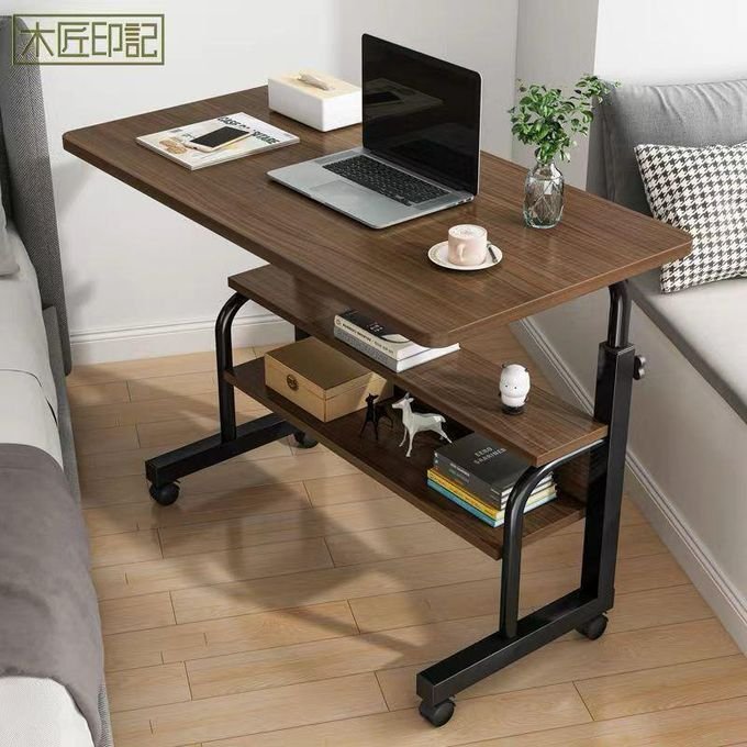 Adjustable Laptop Table Side Table with Wheels, Bedside Table - Coffee Brown