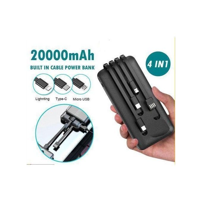20,000mAh Fast Charging Power Bank With 4 Different Charging Cables - Black
