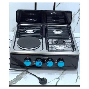Pixel 3 Gas Burner + 1 Electric Hot Plate Table Top Cooker with Auto Ignition – Stainless Steel