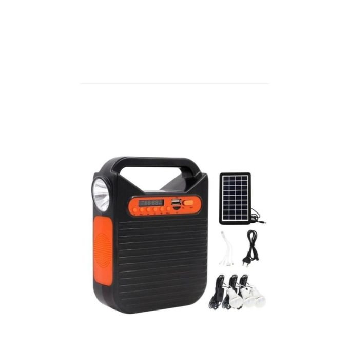 Mini Solar Home Lighting System With Phone Charging, FM Radio, USB - Black