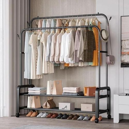 Double Pole Coat Rack Indoor Bedroom Clothes drying Rail Balcony Hanging Clothes Shoes Rack Standing Storage Organizer With Hooks