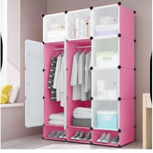 3 Column Portable Plastic Wardrobe Closet With Shoe Rack Row - Pink