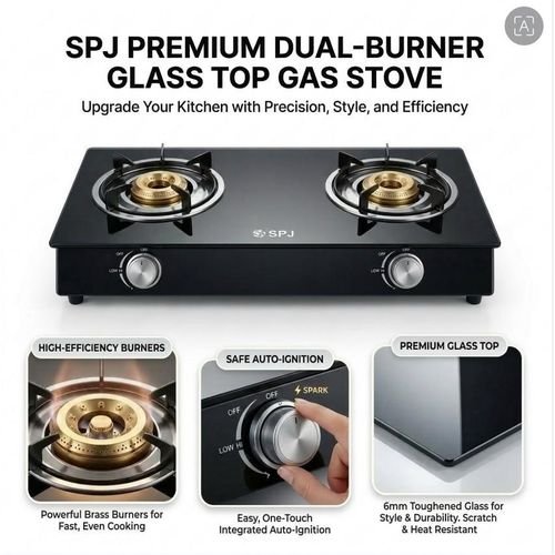 SPJ Double Burner Glass Gas Stove With Auto Ignition - Black