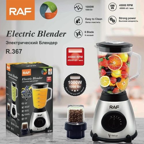 RAF 1.5L Glass Jar 1000W Electric Blender Powerful Ice Crushing Blender R.367 - Silver