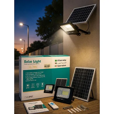 100W Solar Street Light with Solar Panel &amp; Remote Control – Waterproof LED Floodlight