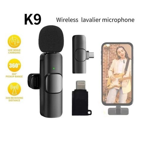K9 Lavalier Microphone Wireless Lapel Microphone Lavalier Mic YouTube Facebook TikTok Live Stream Type C & Lighting  - Black