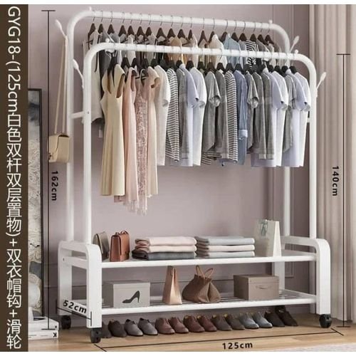 Double -rail clothes garment rack with storage shelvels and wheels