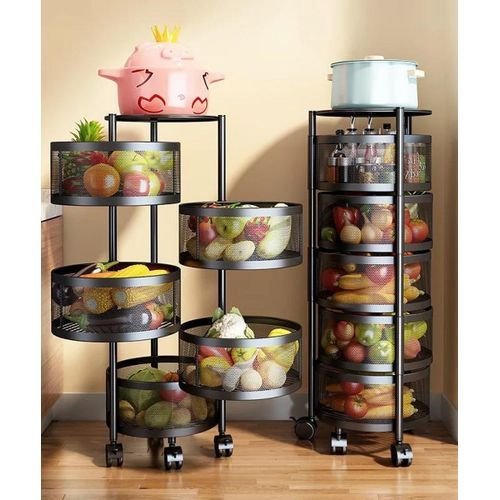 5 Tier Round Kitchen, Bedroom Storage Rack Basket Trolley Organizer-Black