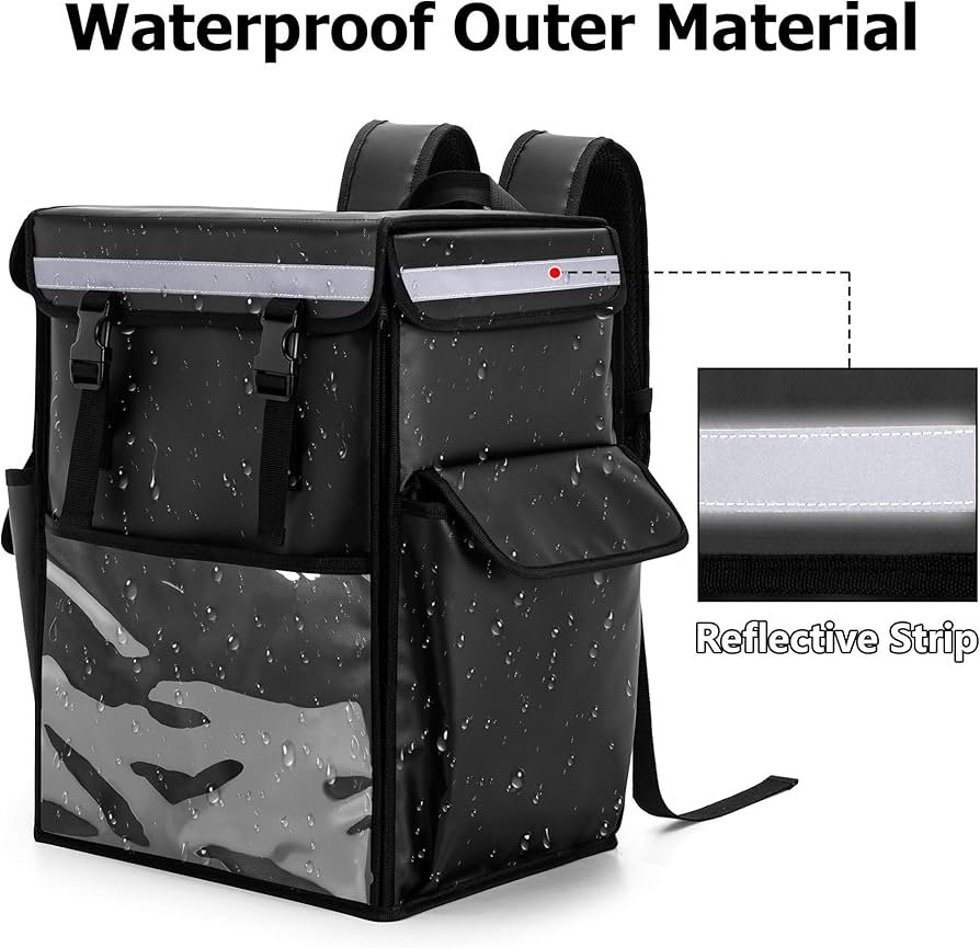 Insulated Food Delivery Backpack with Safety Strip - Black