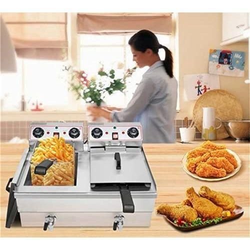 16 Litres Commercial Double Tank Electric Oil Deep Fryer with Basket & Lid- Silver