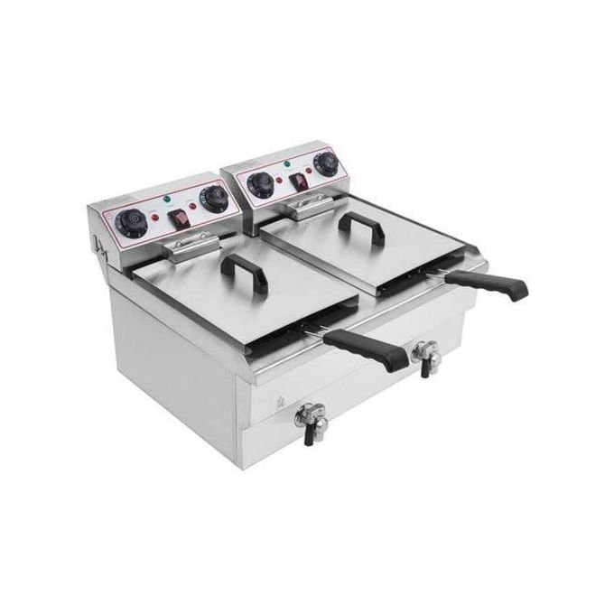 16 Litres Commercial Double Tank Electric Oil Deep Fryer with Basket & Lid- Silver