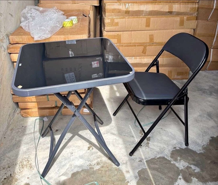 Portable Foldable  Table & Chai  Set With Tempered Glass Tabletop - Black