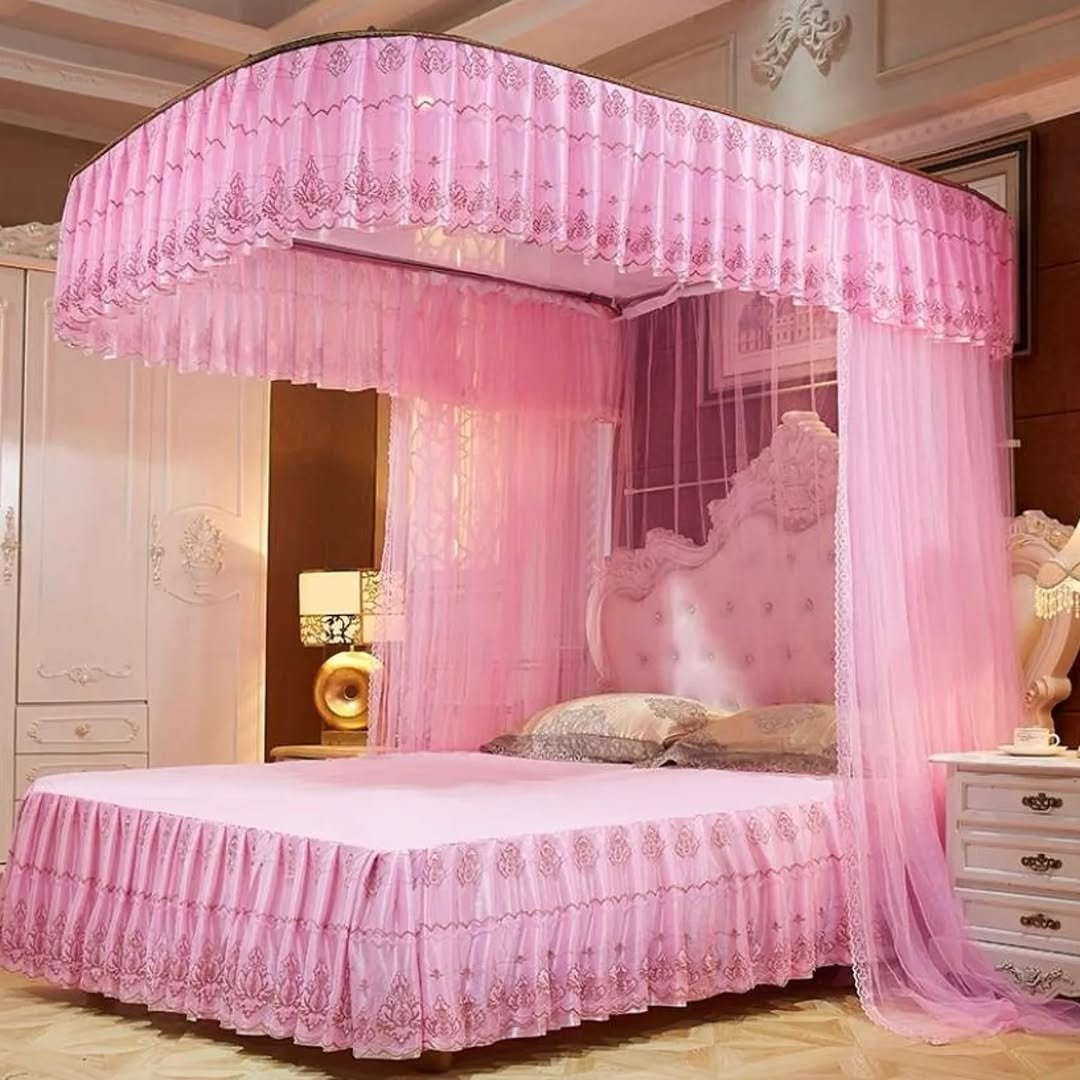 6x6 Two Stand Railed Mosquito Net - Pink, Top Design May Vary