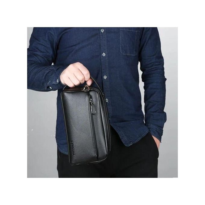 Multi-Pocket Leather Hand Clutch with Zipper – Black