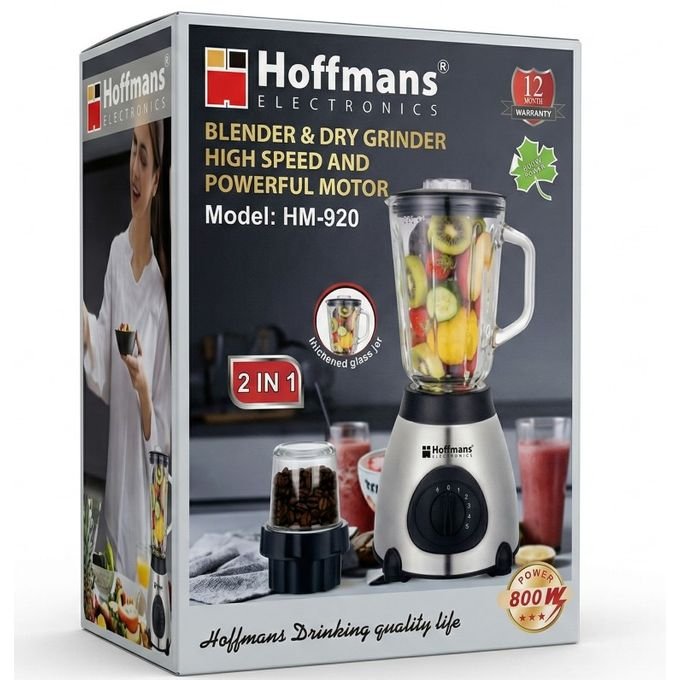 Hoffmans 2 In 1 Ice Crushing Powerful Glass Jar Blender 1.5 Litre