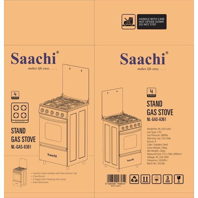 Saachi Stainless Steel Full Gas Stove/Cooker (50x50cm) - Silver Black