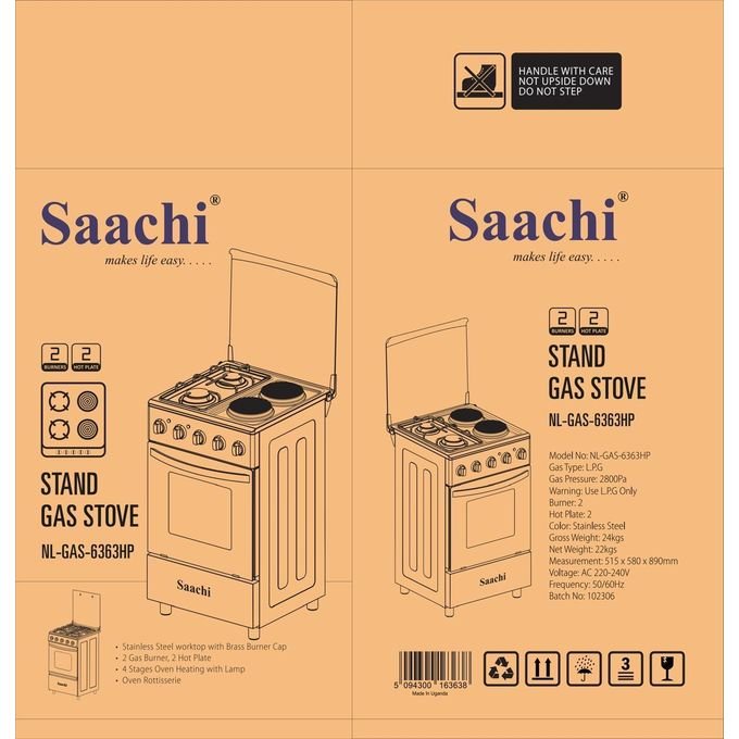 Saachi 2 Gas + 2 Electric Stainless Steel Stove/Cooker With Gas Oven