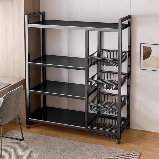 Kitchen Storage Shelf, Microwave Stand Cart or Coffee Bar Table Organizer, for Spice, Pots and Pans Organizer - Black
