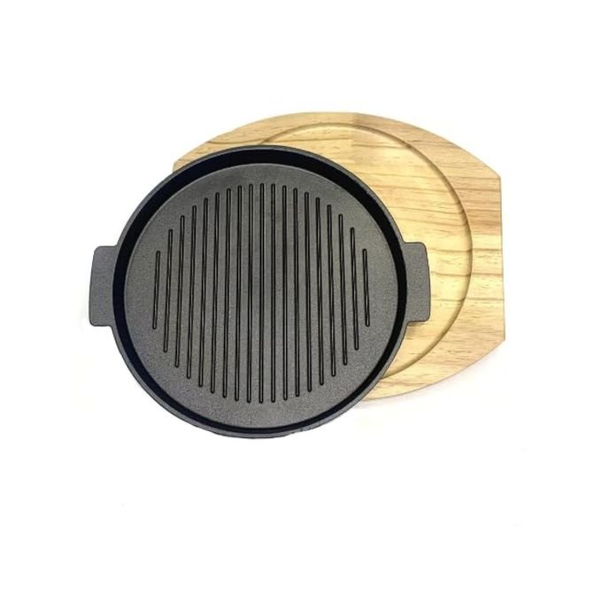 Cast Iron Round Grill Pans, Sizzling Plate With a Wooden Base - Black / Brown