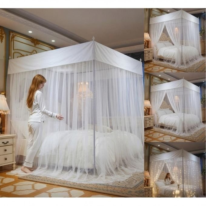 4x6 Freestanding Mosquito Net 3-Door Design with 4 Stainless Steel Stands – White