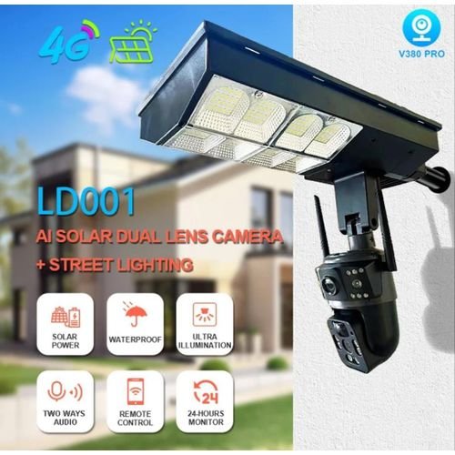 4G 2-in-1 Solar Street Light Camera Outdoor, 12MP Dual Lens PTZ Wireless Security Cam, Two-Way Audio, Motion Detection, Night Vision, IP66 Waterproof, Home Surveillance System