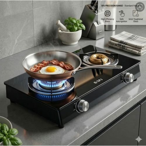 SPJ Double Burner Glass Gas Stove With Auto Ignition - Black