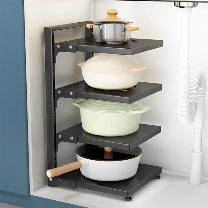 4-Tier Adjustable Pots & Pans Organizer Rack – Snap-On Kitchen Cabinet & Under Sink Storage