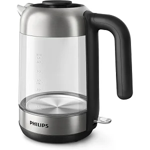 Philips Glass Electric Kettle - 1.7L, 2200W, HD9339/81 Series 5000 Blue LED Light - Black & Silver