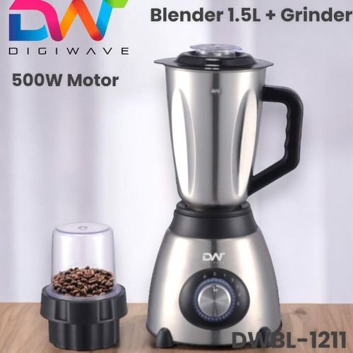 Digiwave 2 in 1 1.5L Stainless Steel Jar Blender and Plastic Dry Grinder Jar With Lid – DWBL-1211 500W - Silver & Black