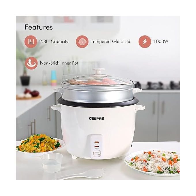 Geepas 2.8 Liters Non Stick Automatic Rice Cooker GRC4327-White/Silver