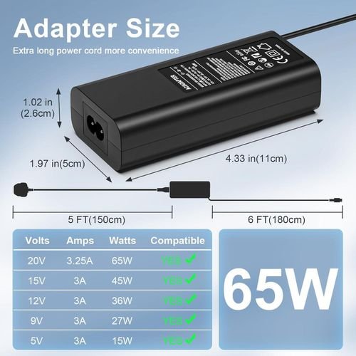 DELL 65W Type C Laptop Charger Compatible with HP Lenovo ThinkPad IdeaPad ASUS ROG Acer Samsung MSI Huawei and More Universal USB C Fast Power Adapter