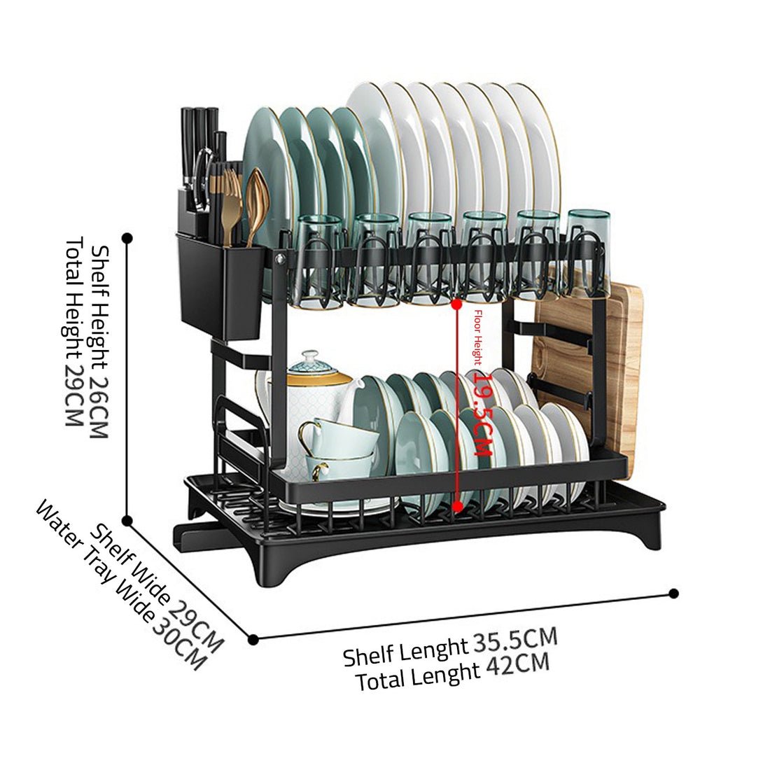 2 Tier Dish Rack for Kitchen Counter – Dish Drying Rack with Draining Tray, Utensil & Cutting Board Holder