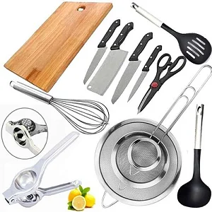 (13pcs) Set Of Board , Knives, Whisker, Squeezer, Spoon ,Sieves