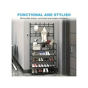 5 Tiers Coat Rack Shoe Rack With Coat/ Bags Hook - Black