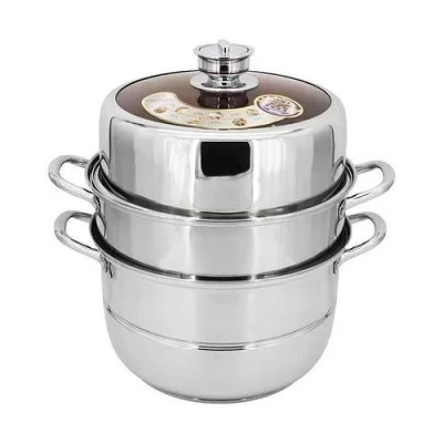 3-Tier Stainless Steel Food Steamer With Timer 32Cm – Fast &amp; Healthy Cooking. Silver