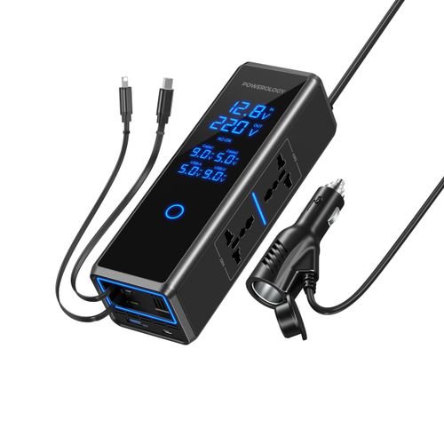 Powerology 300W Car Power Inverter, DC 12V to 220V AC Car Inverter, Car Lighter Port, LED Screen Power Inverter, USB Type-C and A Ports Charger Adapter, Car Plug Converter with USB-C, Lightning Cable - Black