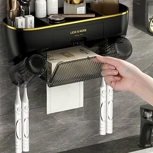 Toothbrush Holder with 2 Cups & Automatic Toothpaste Dispenser, Wall-Mounted Toilet Paper Rack