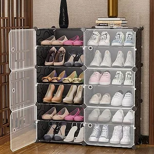 6 Layer 2 Column Portable Plastic Shoe Rack - Black