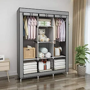 3 Column Cloth & Metallic Frame Portable Wardrobe-Grey (Not Assembled)