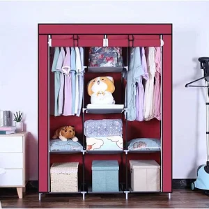 3 Column Metallic Cloth Wardrobe (Not Assembled) - Maroon
