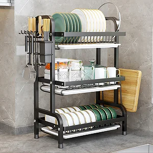 3 Layer Dish Rack Drainer for Utensils & Cutlery - Black