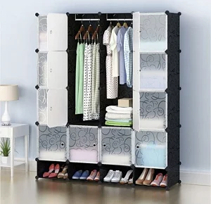 4 Column rame Portable Wardrobe Plastic Wardrobe - Black,