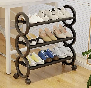3 Layer Plastic Shoe Rack Storage Organizer With Wheels - Black
