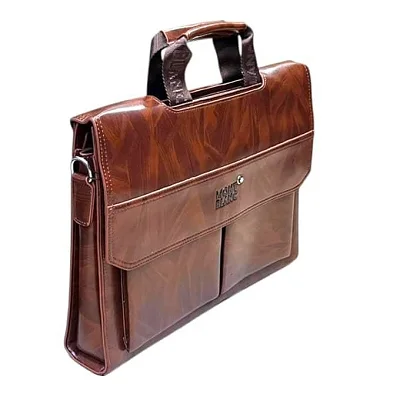 Leather Briefcase for Men 14-Inch Laptop Bag with Lock &amp; Luggage Strap - Brown
