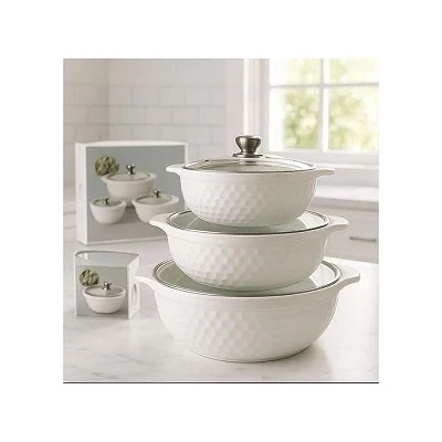 3-Piece Ceramic Casserole Set with Glass Lids – Elegant Hammered Design, Oven &amp; Microwave Safe