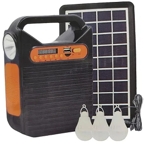Solar Rechargeable LED System With Fm Radio, USB, Music, Charging Cables For Multifunctional Camping Light - Black