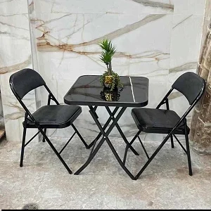 Portable Foldable Table & 2 Chairs Set With Tempered Glass Tabletop - Black
