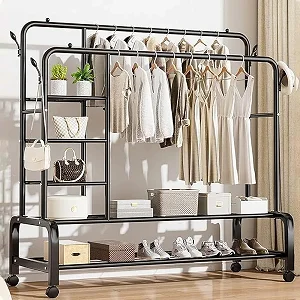 Metallic Double Garment Rack With Integrated Shelving And Caster Wheels