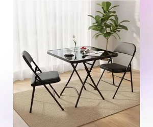 Foldable 1 Table & 2 Chairs Set With Tempered Glass Tabletop - Black