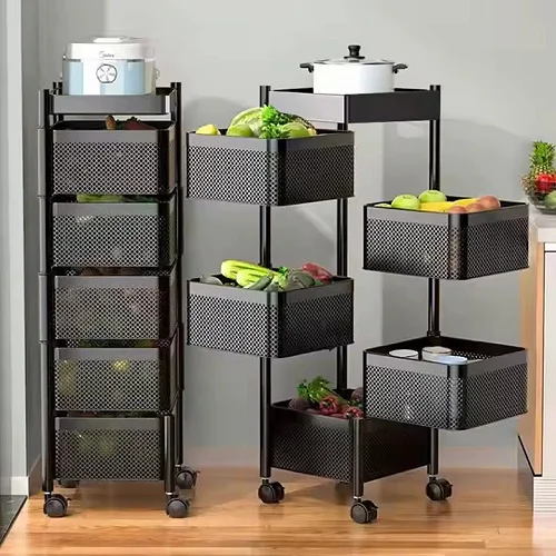 Kitchen Rotating Trolley Shelf Vegetable Fruit Basket Storage Rack Square Holder